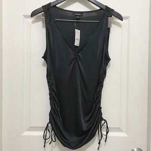 Vintage Express Y2K Ruched Sides V-Neck Club Tank Top Black Sleeveless Large NWT